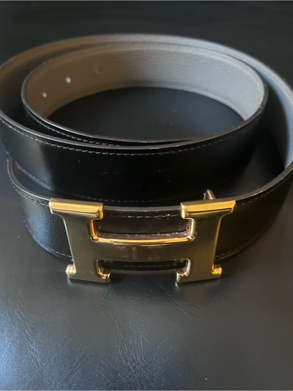 Hermes Black Leather Belt with Gold H Buckle